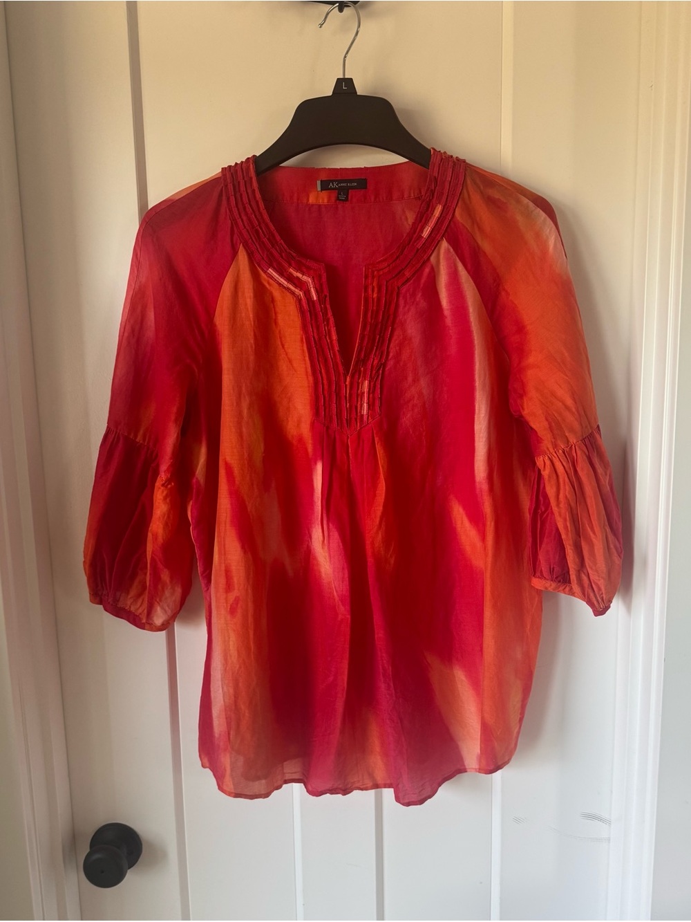 AK Anne Klein Watercolor Tie Dye Split Neck Blouse Balloon Sleeve Top Size L